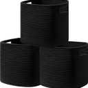 UBBCARE Set of 3 Cotton Rope Basket 13 X 13 X 13 Inches, Woven Storage Baskets for Shelves, Organizing with Handles, Cube Storage Bins for Storage Books, Magazines, Black