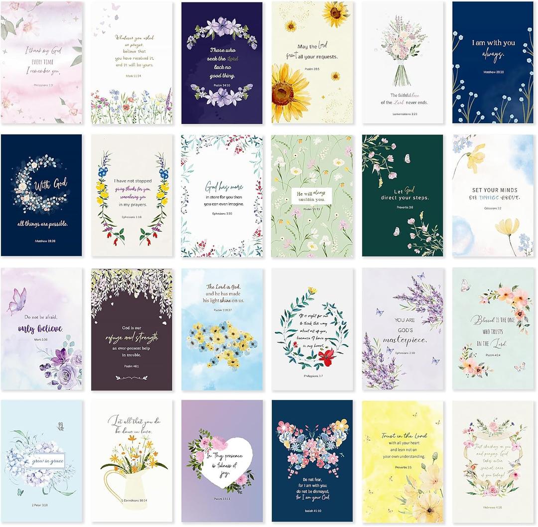 Nihuecne 24 Pack Floral Christian Thinking of You Cards with Self-adhesive Envelopes, 4"x6" Boxed Blessing Religious Note Cards with Sentiments Inside, 24 Bible Verses, 24 Designs