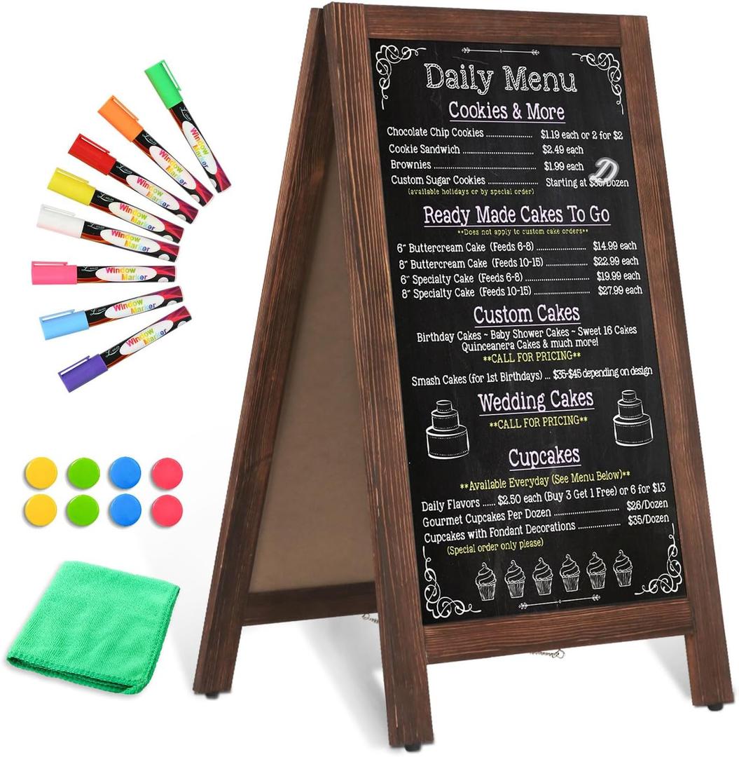 Wooden A-Frame Sign, Magnetic 40" x 20" Brown Chalk Board Sign Board, Double-Sided Sandwich Board Signs Outdoor, Chalkboard Easel, Menu Board for Restaurant, Business or Wedding