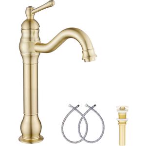 GGStudy 360 Swivel Single-Handle One Hole Vessel Sink Faucet with Matching Pop Up Drain - Brushed Gold Farmhouse Bathroom Vanity Faucet