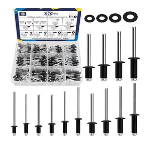 ZQZ 970Pcs Black Pop Rivets with Washer Assortment Kit, 14 Sizes Black Rivets with 3/32" 1/8" 5/32" 3/16" Blind Rivets, Assorted Pop Rivets Set for Metal