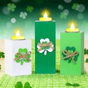 3PCS St Patrick's Day Candle Holders Decorations, Saint Patrick's Day Votive Candle Holders with LED Tea Lights, Farmhouse St Patrick's Day Decorations for Home Office Table Centerpieces Tiered Tray