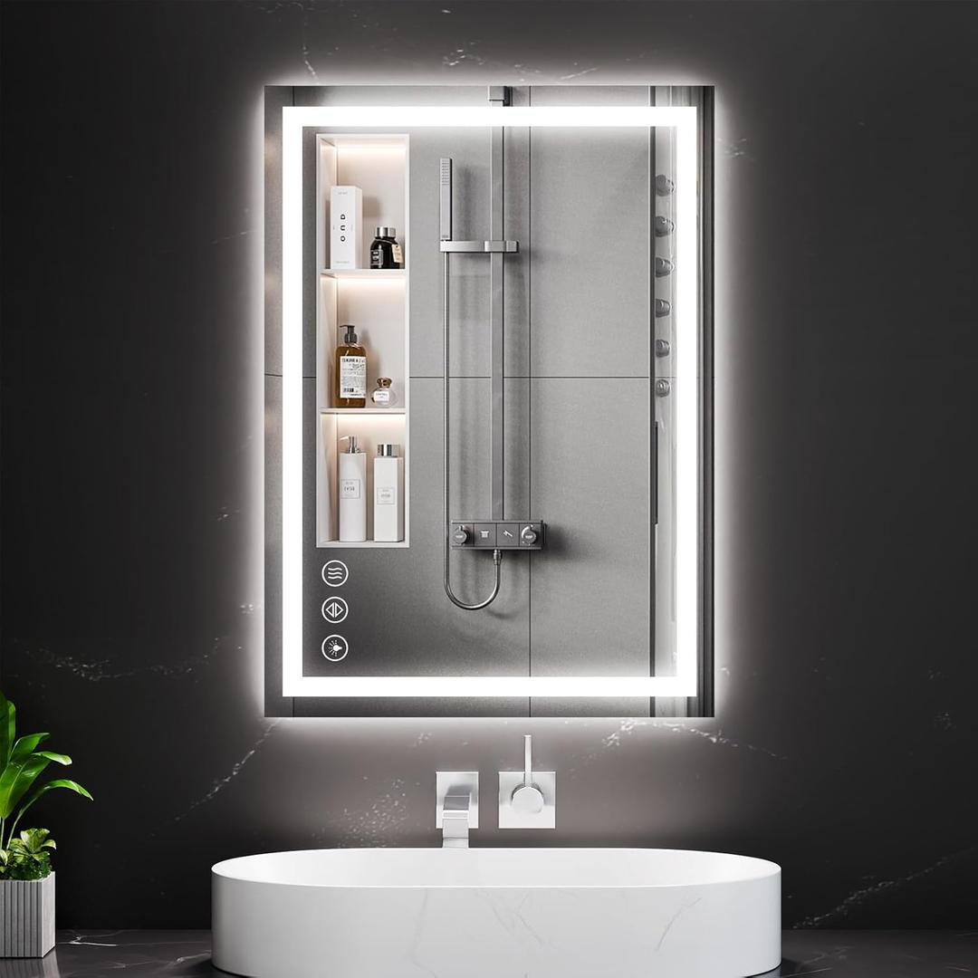 Koonmi 20x28 LED Bathroom Mirror, Backlit + Front Lit, LED Bathroom Mirror with Lights for Wall, 3 Colors, Anti-Fog, Dimmable Brightness, Memory Function, Tempered Glass (28"L x 20"W, 3 Color Modes)