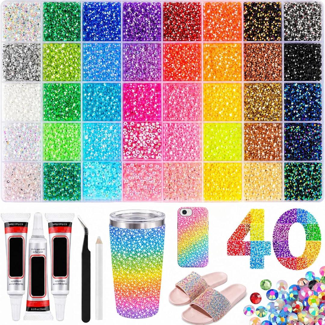40000Pcs 40 Colors Rhinestones for Bedazzling Kit, 3mm Small Jelly Resin Flatback Nail Gems, Bedazzling kit with Rhinestones & Tools (40 Colors)