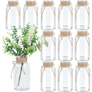 Vintage Glass Flower Vase, Farmhouse Glass Centerpiece Vases Mason Jars for Weddings, Parties & Home Decor Bulk (12, Transparent)