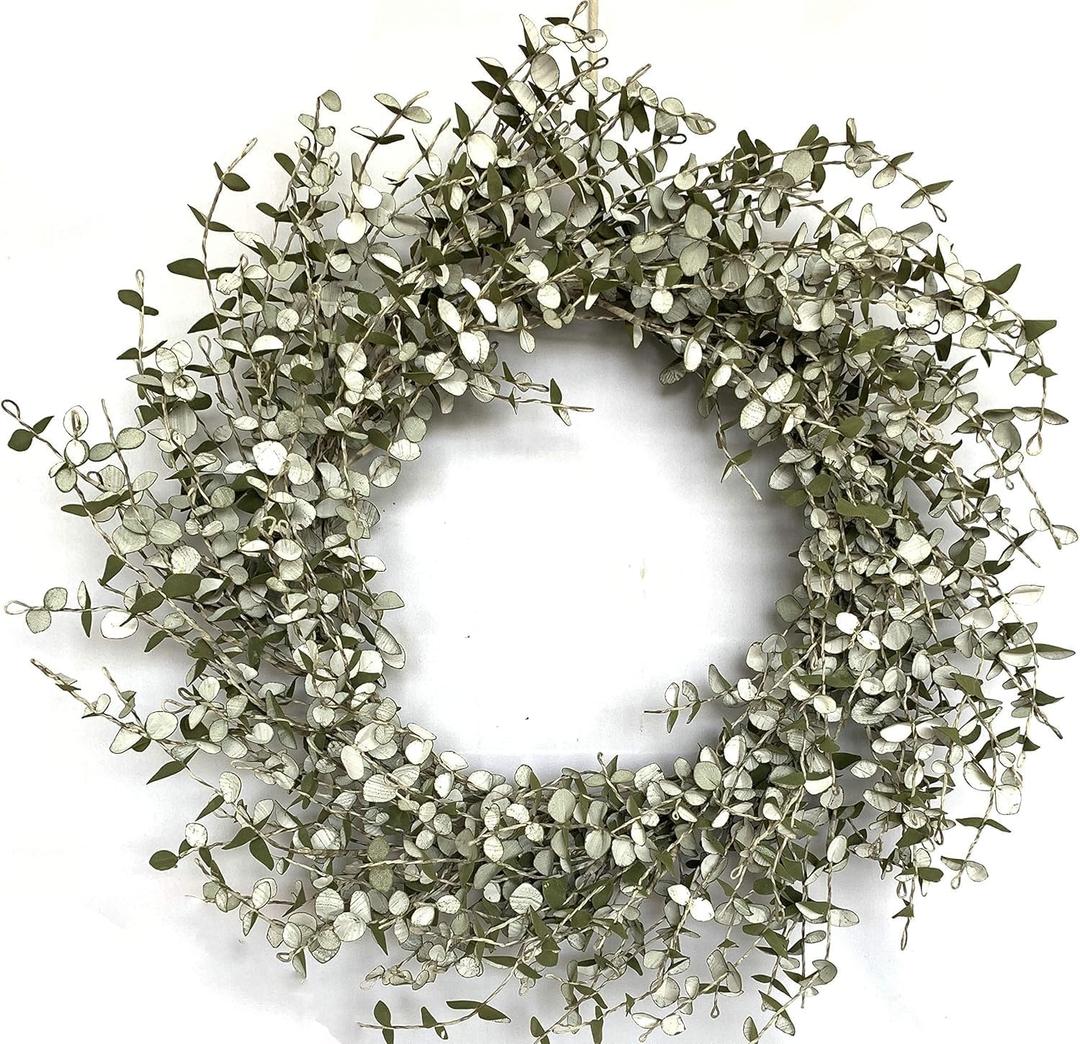 26 Inch Fall Wreath for Front Door Large Eucalyptus Wreaths with Mini White-Green Leaves, Autumn Greenery Wreath on Grapevine for Fall Door Decor Farmhouse Wall Window Home Decoration