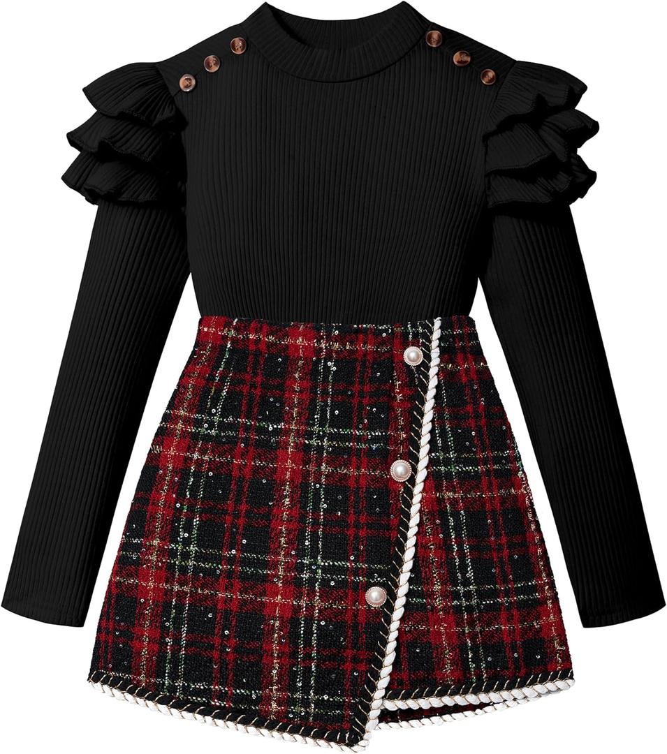 Girls Clothes Skirt Set Fall Winter Long Sleeve Ruffle Top And Plaid Skirt Girls Clothing Set 2 Piece Outfit (11-12 Years, Black+red)