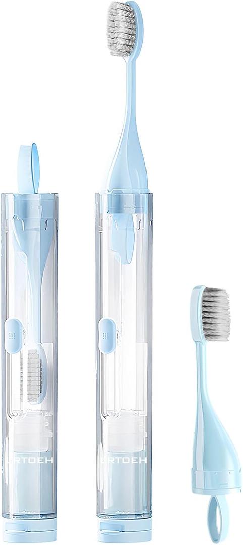 Folding Travel Toothbrush Set, Foldable Travel Toothbrush Kit with 2 Soft Brush Heads, Traveling Size Tooth Brush with Built-in Toothpaste Container for Hiking, Camping, On The Go (Blue)