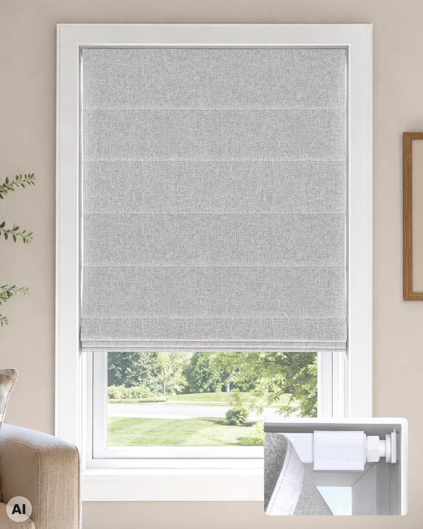 LazBlinds No Drill Cordless Roman Shades, 31" W × 48" H, Misty Grey