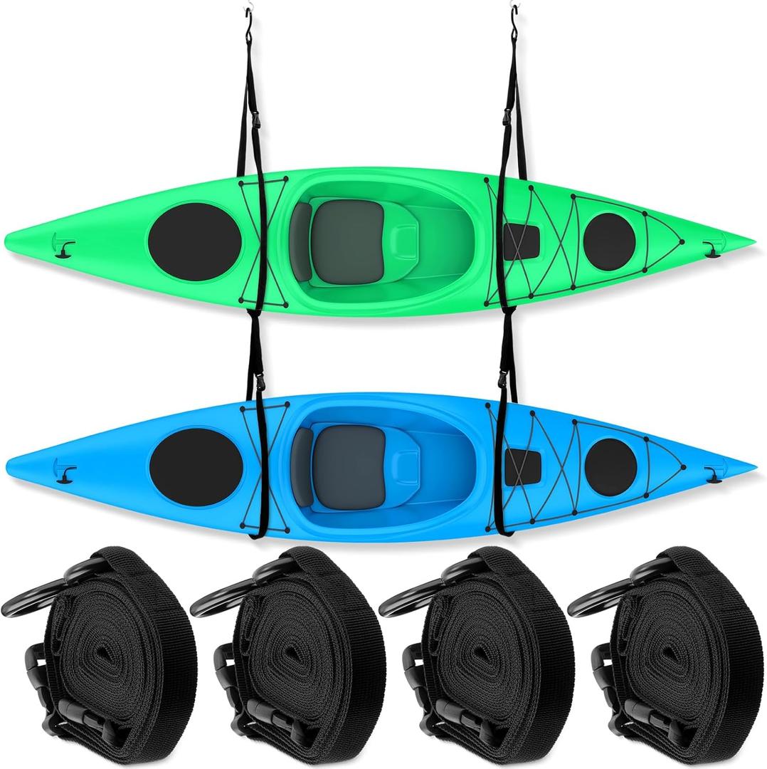 JaGely 4 Pcs Double Kayak Storage Straps System Adjustable Wall Hanging Storage Strap Kayak Hoist Sling with 4 Hook Bolt Kayak Storage Rack for Surfboards Paddleboards SUP Canoe