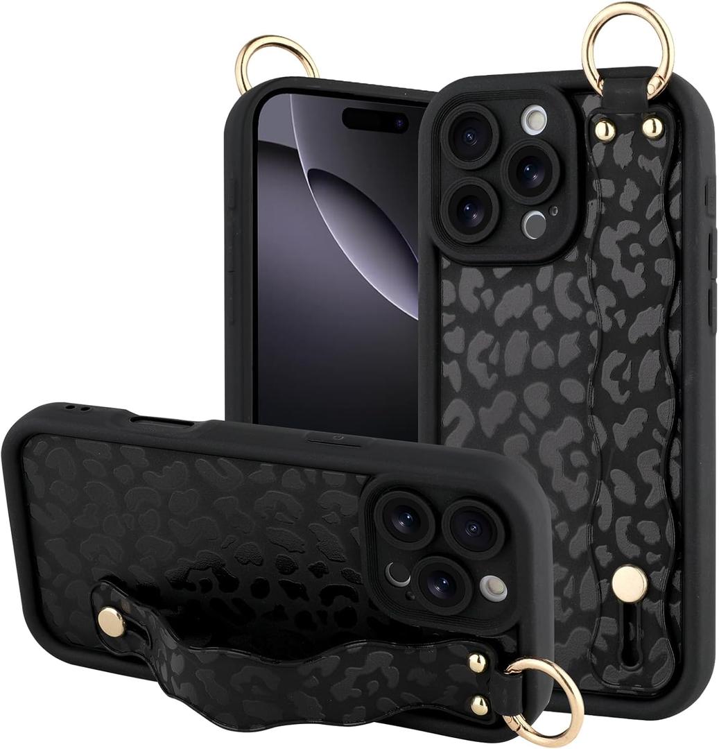 OOK Compatible with iPhone 16 Pro Max Case with Wrist Stand for Women Girls, Black Leopard Cheetah TPU Shockproof Protection Silm Silicone Kickstand Upgraded Cover, for 6.9inch
