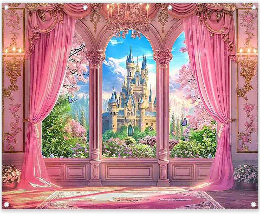 Fabric 10x8ft Pink Curtains Castle Photography Backdrop Window Room Floral Fairy Tale Background Girls Party Decorations Photo Booth Banner Tapestry