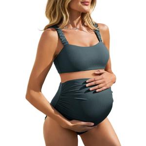 Summer Mae Ribbed Maternity Bikini Swimsuit for Women High Waisted Two-Piece Bathing Suit Crop Top Pregnancy Swimwear (10, Balsam Green)