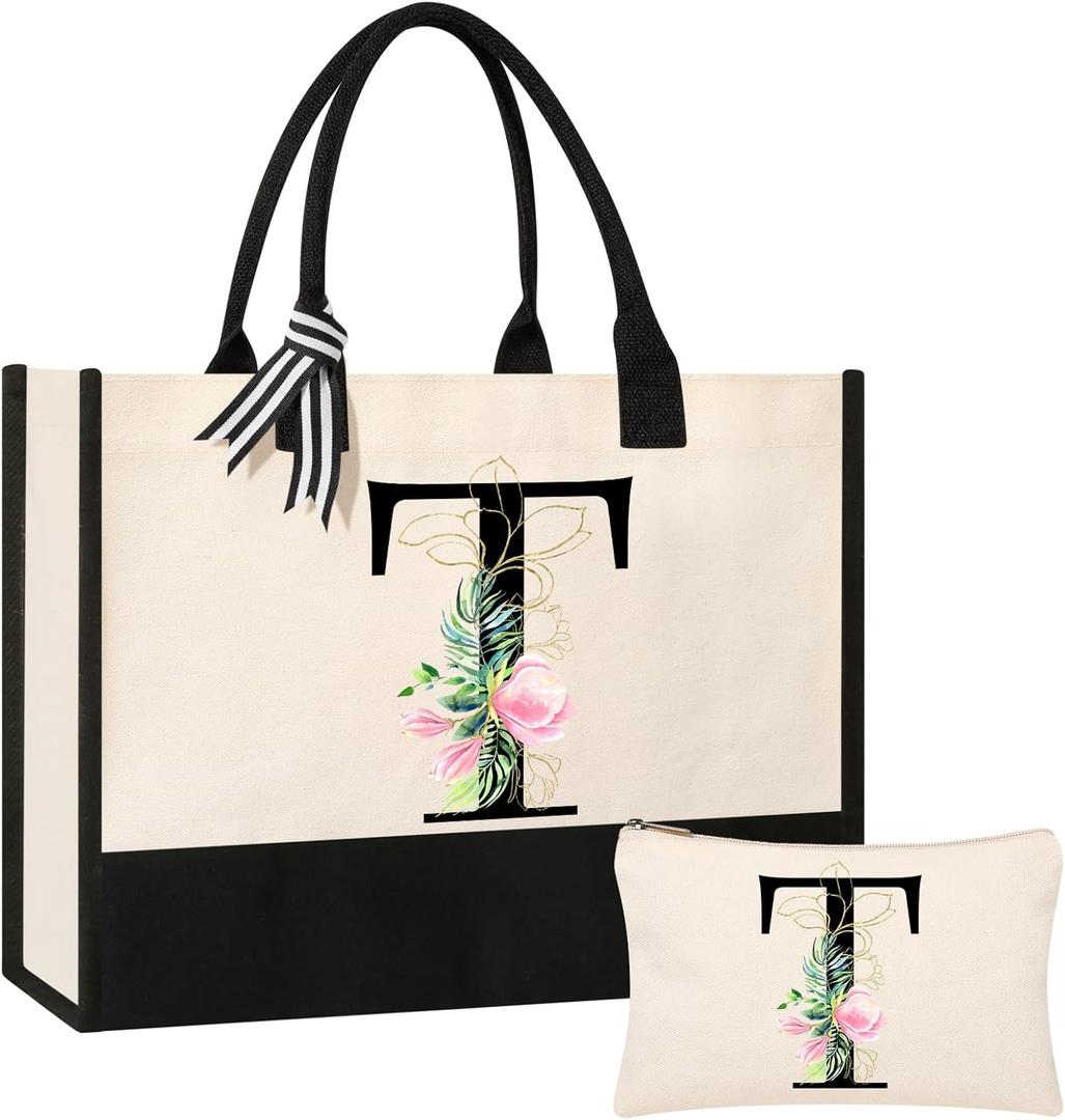 AYGE Personalized Initial Canvas Beach Bag Cosmetic Bags, Tote Bag, Makeup Bag, Gifts for Sister Mom Teacher Bridesmaid