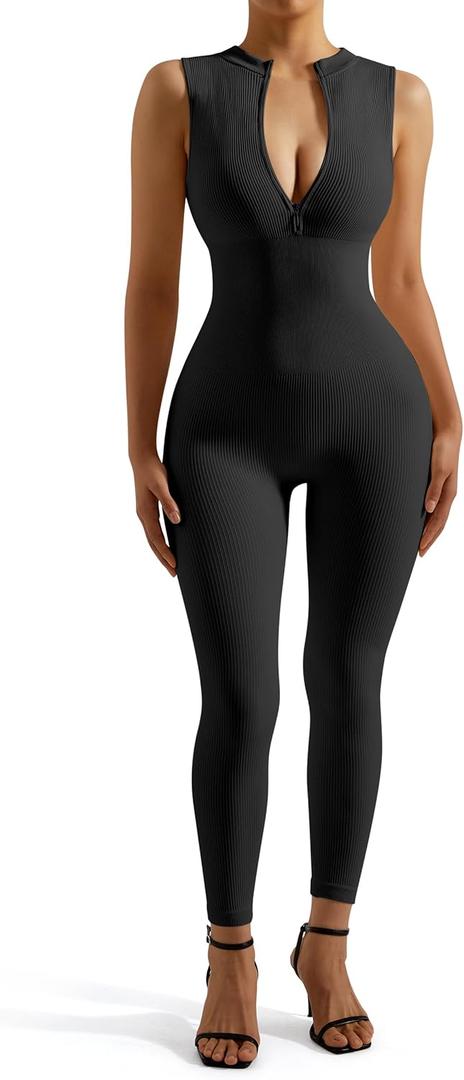 SUUKSESS Women Ribbed Seamless One Piece Jumpsuits Zip Up Sexy Bodycon Romper (#1 Black), S