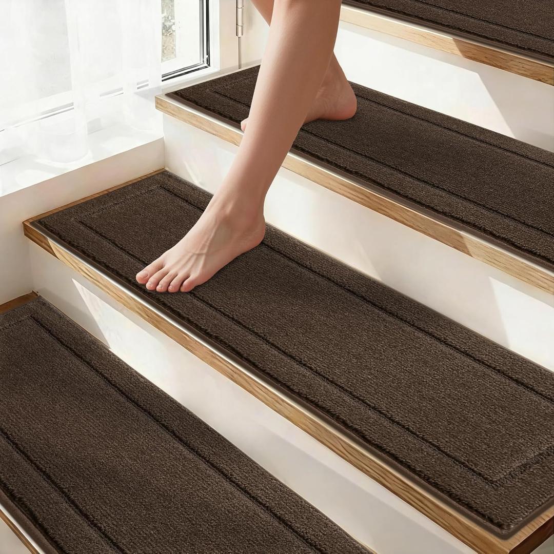 Non-Slip Stair Treads for Wooden Steps Indoor, 15 Pack 8" X 30" Edging Stair Rugs with TPE Backing, Carpet Stair Treads for Kids Elders & Pets, 100% Polyester Soft Stair Runners, Brown