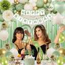 30th Birthday Decorations for Her, Sage Green 30th Bday Decorations for Women Happy Birthday Banner Green Gold Balloons Crown Sash Fringe Curtain Tablecloth Cake Topper for Bday Decor