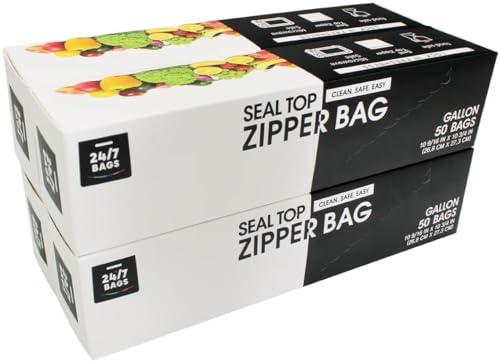 24/7 Bags- Gallon Zip Storage Bags, 50Count, Double Zipper Seal, Easy Grip Open Tabs, Write-On Space, BPA-Free & Heavy Duty, Microwave Safe, Non-StandUp