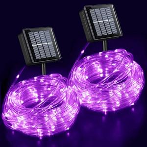 YEGUO Solar Christmas Lights Outdoor Waterproof, 2 Packs Each 33ft 100 LED Rope Lights, 8 Modes Fairy String Lights in Clear Thin Tube for Camping Fence Patio Garden Trampoline Deck (Purple)
