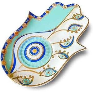 Exquisite Small Ceramic Jewelry Tray - Trinket Dish Evil Eye Decor, Gold Plate Ring Holder, Modern Boho Home Essentials, Perfume Organizer, Witchy, Aesthetic Room Decor (Blue Hamsa)