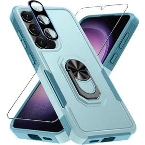 for Samsung Galaxy S25 Plus/S24 Plus Case with Screen Protector+Camera Lens Protector,Heavy Duty Shockproof Full Body Protective Cover Built in Rotatable Metal Ring Holder Kickstand,2025 Mint Green