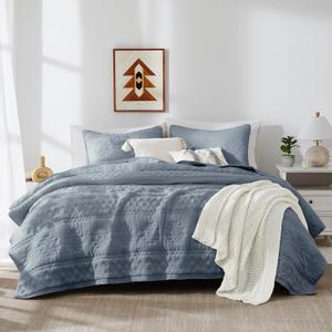 WDCOZY Boho Blue Grey Oversized California Cal King Size Quilt Bedding Sets with 2 Pillow Shams, Farmhouse Lightweight Soft Bedspread Coverlet for All Season, 116x106 inches