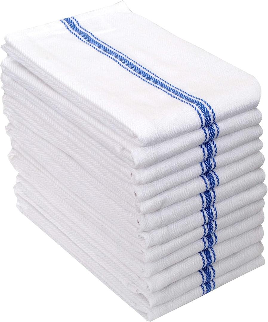 AMOUR INFINI Cotton Kitchen Towels Set of 12 - Highly Absorbent, Super Soft Tea Towel with Hanging Loops - Extra Large Quick Dry Commercial Restaurant Towel (16x28 Inch - Blue) (12 Pk Herringbone Stripe)