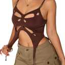 Verdusa Women's Sleeveless Crop Top Cut Out Asymmetrical Hem Slim Fit Cami Top (Brown, XL)