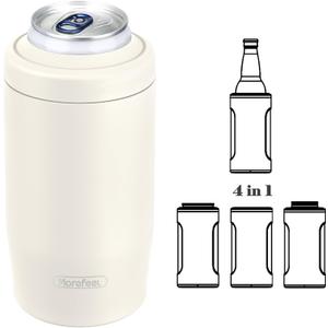 4-in-1 Skinny Can Cooler Double Wall Stainless Steel Insulated Can Holder, Can Coozie, Works With 12 Oz Slim Can, Standard Cans, Beer Bottles & As Pint Cups (Light Beige)