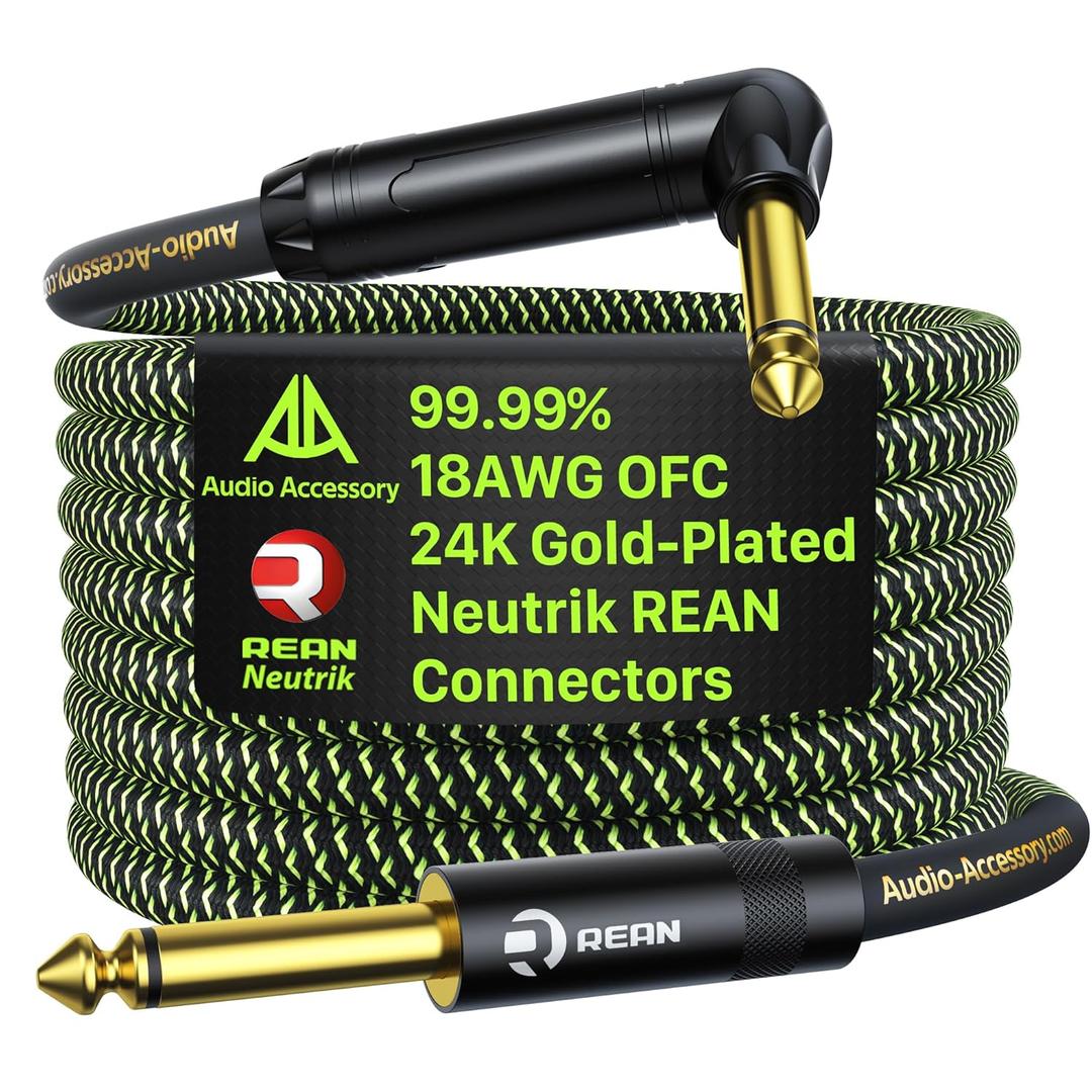 Pro Bass Guitar Cable 6 ft, Gold-Plated Neutrik REAN Connector, Low Capacitance 99.99% 18AWG OFC, Kevlar-Reinforced 1/4 Inch Instrument Cable for Fender Combo Electric Amp Rumble Marshall, Right Angle (Neon Green/Black)