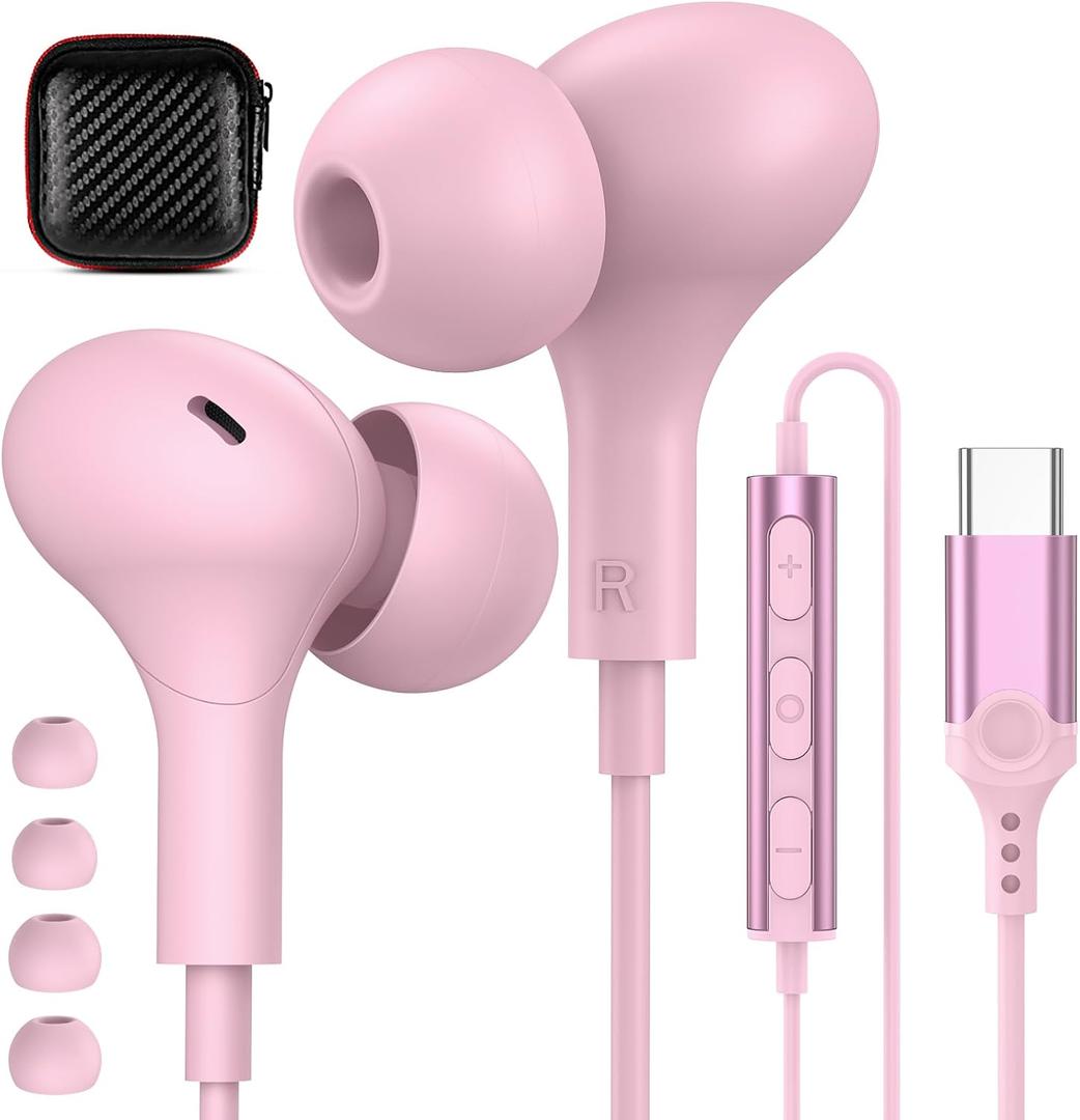 USB C Headphones for iPhone 17 16 15 Plus/Galaxy S26 S25 Wired Earbuds with Microphone for Samsung S24 S23 S22 S21 S20 Ultra, Magnetic Noise Canceling in-Ear Type C Earphone for iPad 10/Pixel 8a, Pink
