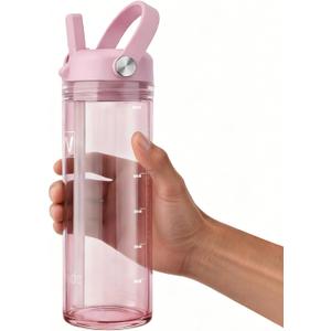 20oz Kids Water Bottle, BPA Free Thick Tritan Plastic Reusable, Clear Water Bottle with Straw, Leakproof Lid, Dishwasher Safe, Boy girl for School,Travel Pink