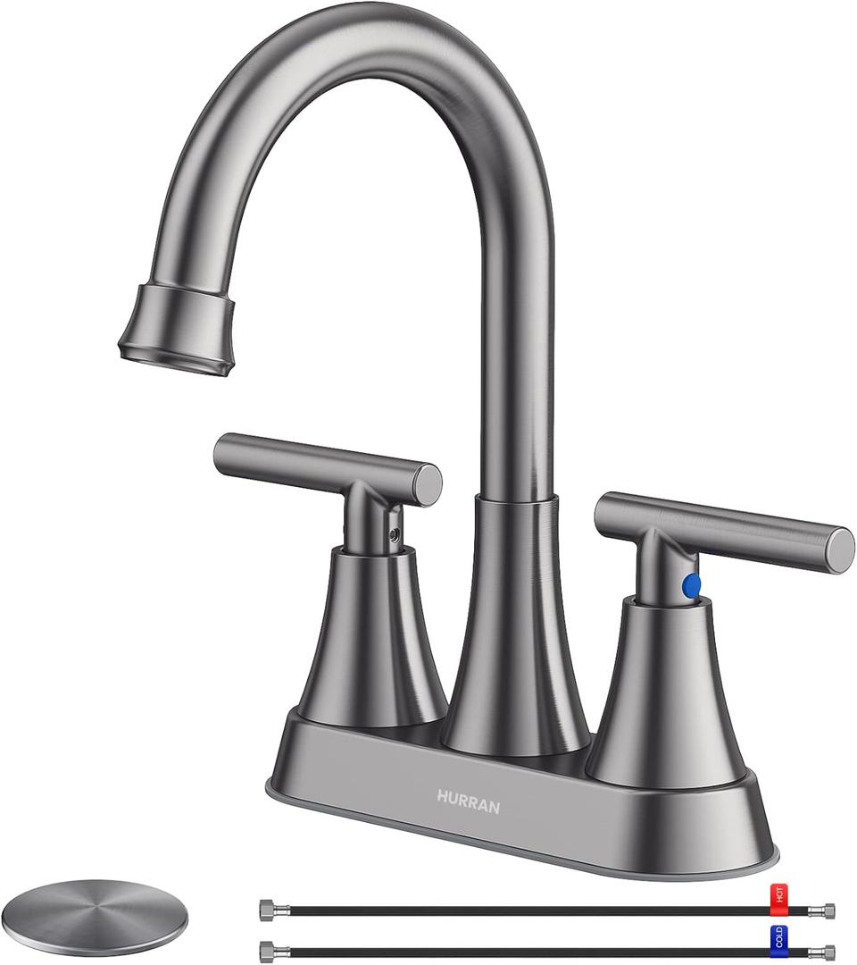 Bathroom Faucets for Sink 3 Hole, Hurran 4 inch Brushed Grey Bathroom Sink Faucet with Pop-up Drain and Supply Hoses, Stainless Steel Lead-Free Centerset Touch On Faucets for Vanity RV