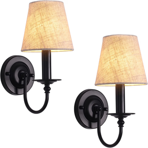 Black Wall Sconces Set of Two, Bedside Wall Mounted Lamps Lights Vintage Wall Light Fixture for Bedroom Living Room Hallway Entryway Foyer Porch, Wall Decor, Fabric Lampshade, Hardwired, E12, Black
