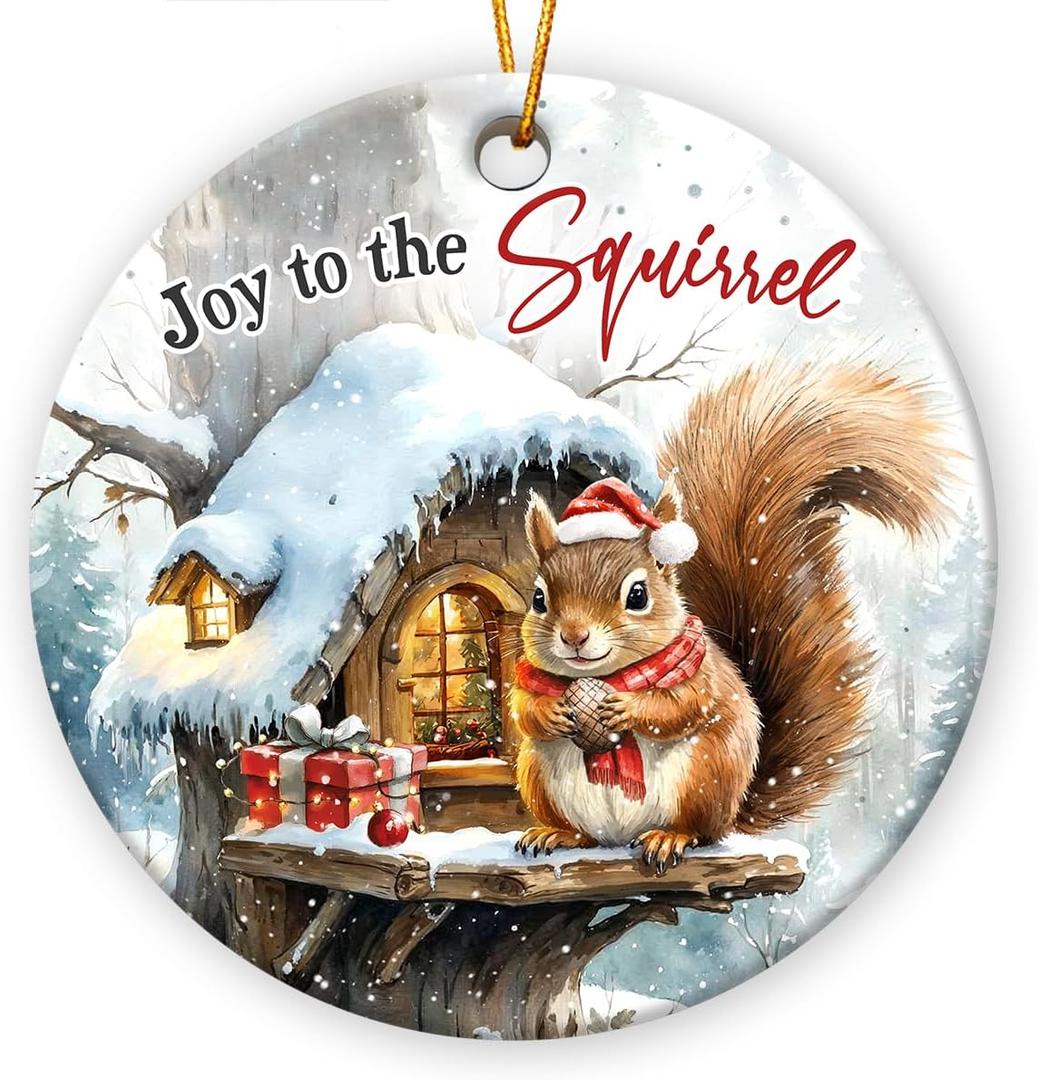 Joy to The Squirrel Christmas Ornament 2025, Cute Winter Squirrel Gifts for Nature Lovers, Fans, Adults, Ceramic Ornaments for Woodland Animals Decor, Christmas Hanging Decorations