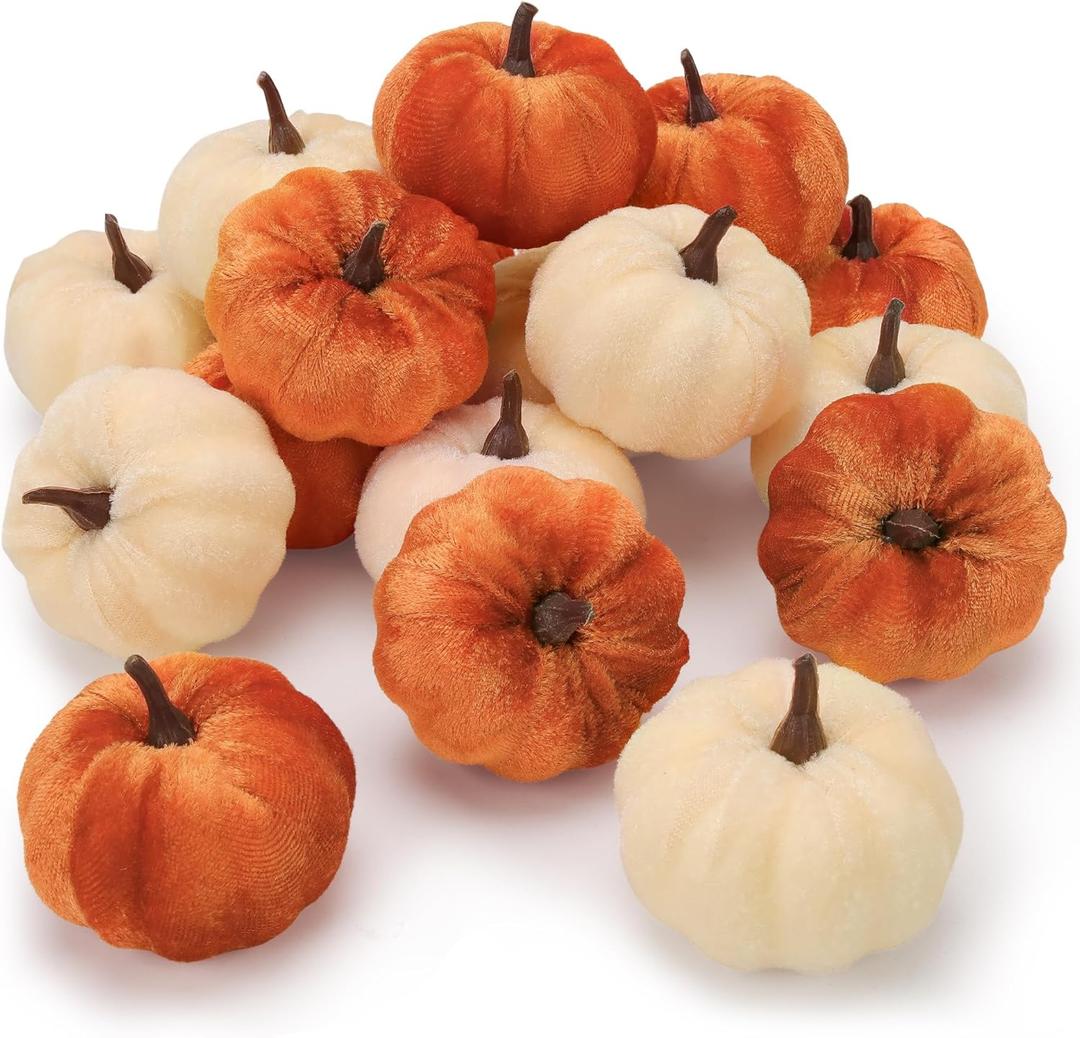 Folmywy 16 Pcs Faux Velvet Pumpkins Small Artificial Fall Harvest Pumpkin Decoration Fake Foam Fabric Pumpkins for Thanksgiving Halloween Wreath Vase Filler Farmhouse Table Centerpieces Autumn Decor