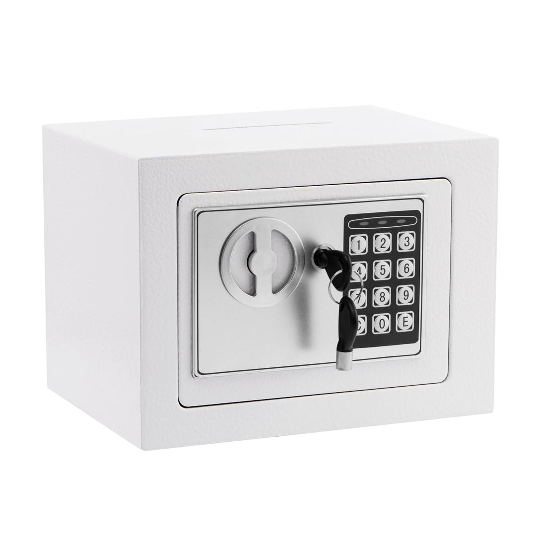 Small Safe Box With Digital Keypad & Keys  9.05 x 6.7 x 6.7 Inches Wall Safe 0.23 Cuft Mini Security Lock for Coin Home Office Hotel Rooms Business Jewelry Gun (White)