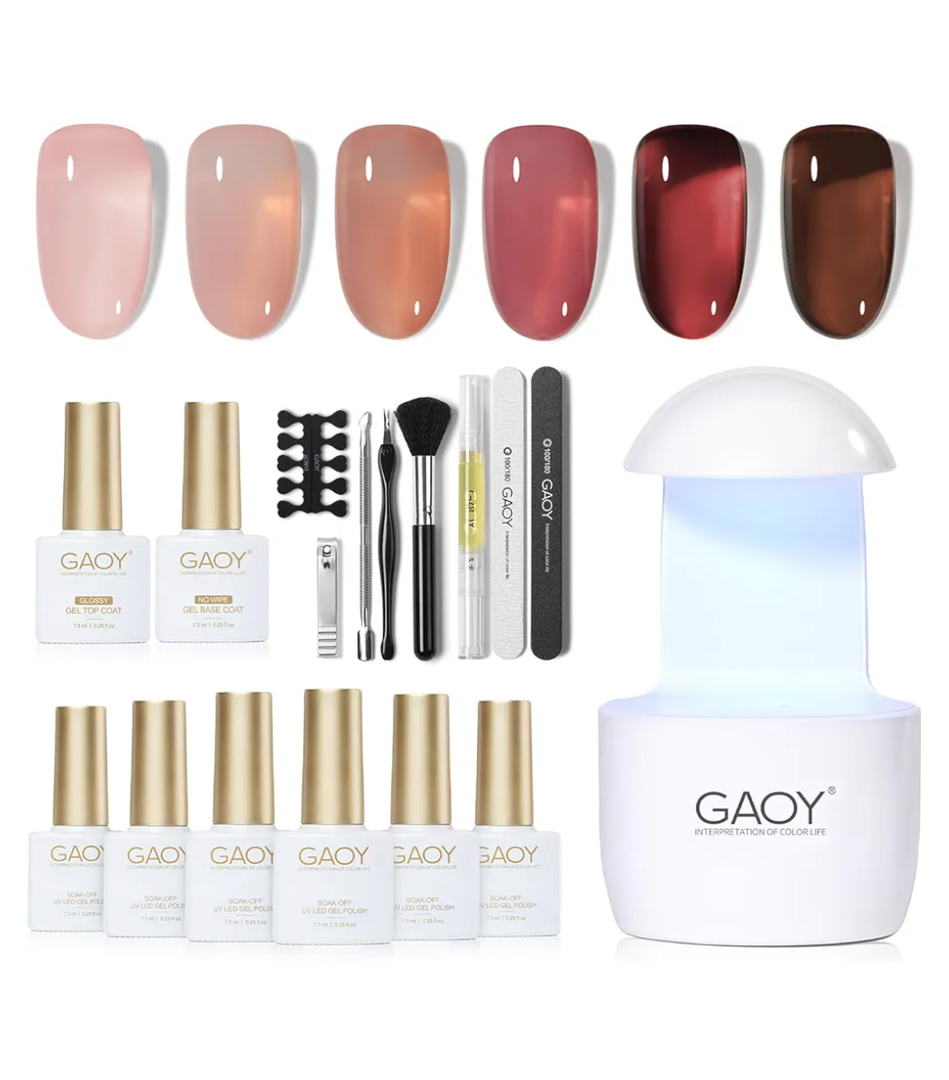 GAOY Gel Nail Polish Kit with UV Light for Beginners, 6 Colors Sheer Nude Red Pink Brown, Gel Polish Kit with Top and Base Coat for Salon and Nail Art DIY at Home, Rose Garden