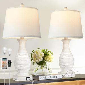 PARTPHONER Set of 2 Table Lamps with USB C+A Fast Charging Ports, 26" Tall Farmhouse Living Room Lamp with 3-Way Dimmable Nightstand Lamp White Fabric Shade for Living Room Bedroom Home Office