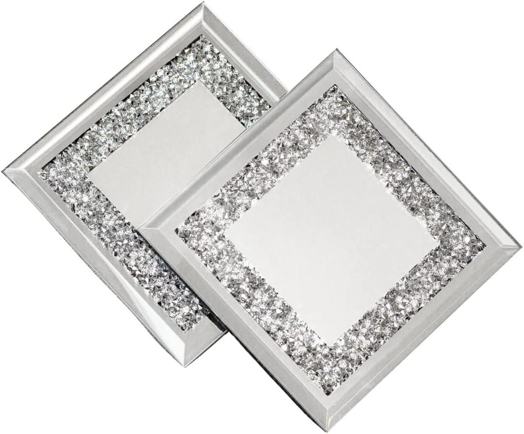 Regent Coaster Set, Sparkling Rhinestones in Mirrored Glass with Protective Back, for Timeless Functional Home Decor, Silver, 4", Set of 4