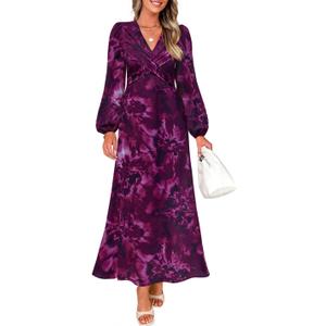ZESICA Women's Floral Long Sleeve Midi Dresses 2026 Fall Boho V Neck Belted High Wasit Flowy Wedding Cocktail Party Dress
, Large