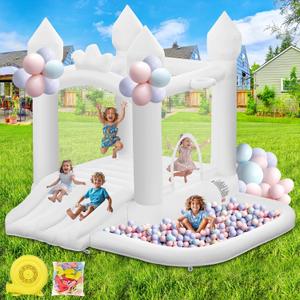 FINCOME White Bounce House, Inflatable Bounce Castle with Double Slide Ball Pit 370W Blower Bouncer for Toddler, Bounce House Bouncy Castle for Indoor Outdoor Backyard Wedding Kids Birthday Party