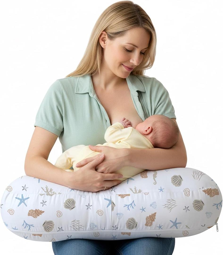 Little Grape Land Nursing Pillow for Breastfeeding, Ergonomic Feeding Pillow with Removable Cover, Baby Feeding Pillow with Hidden Zipper Guard and Supportive Breathable Filling, Shell, Upgraded