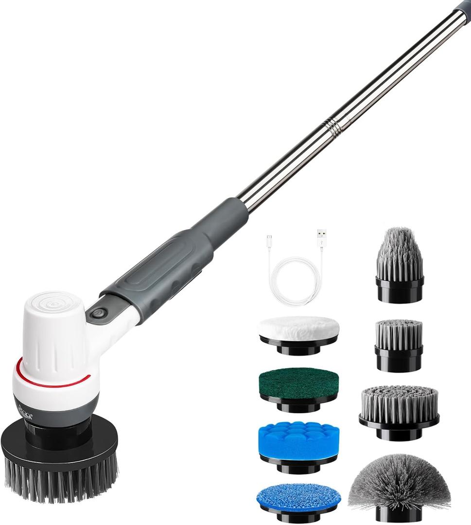 AQQA 8-in-1 Electric Aquarium Cleaning Kit IPX9 Waterproof Cordless Rechargeable Glass Scrubber Handheld Fish Tank Cleaner Powerful Algae Scraper & Cleaning Brush Set (Grey)