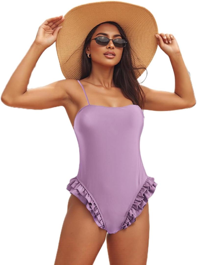 Mxiqqpltky One Piece Womens Swimsuits Y2k Ruffle Bathing Suit Spaghetti Strap Square Neck Tummy Control Slimming Swimwear (Purple, M)