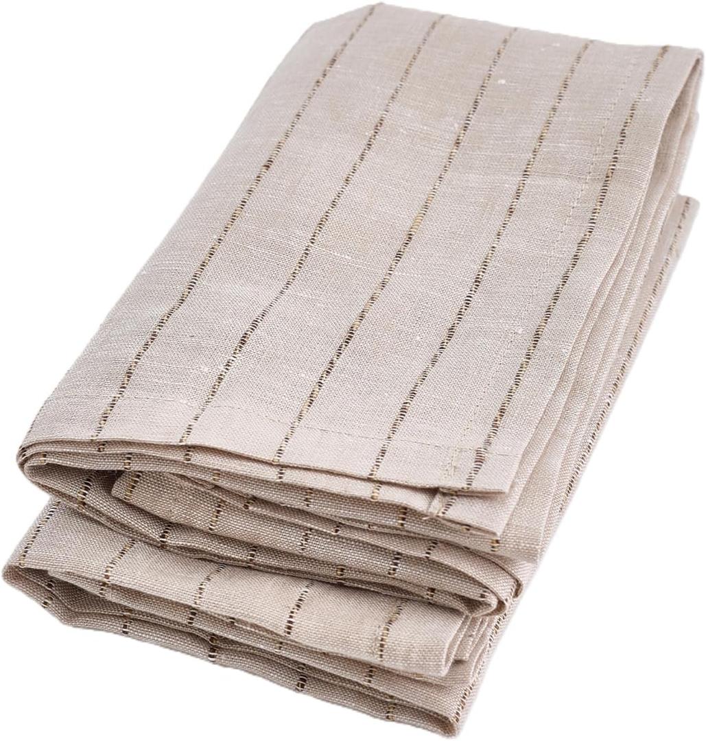 100% Linen Striped Hand Towels, 2-Pack 13x29 Inches - Thin Kitchen Tea Towel & Lightweight Reusable Dish Cloths with Hanging Loop, Soft Bathroom Cloth for Drying Dishes, Baking, Natural Gift