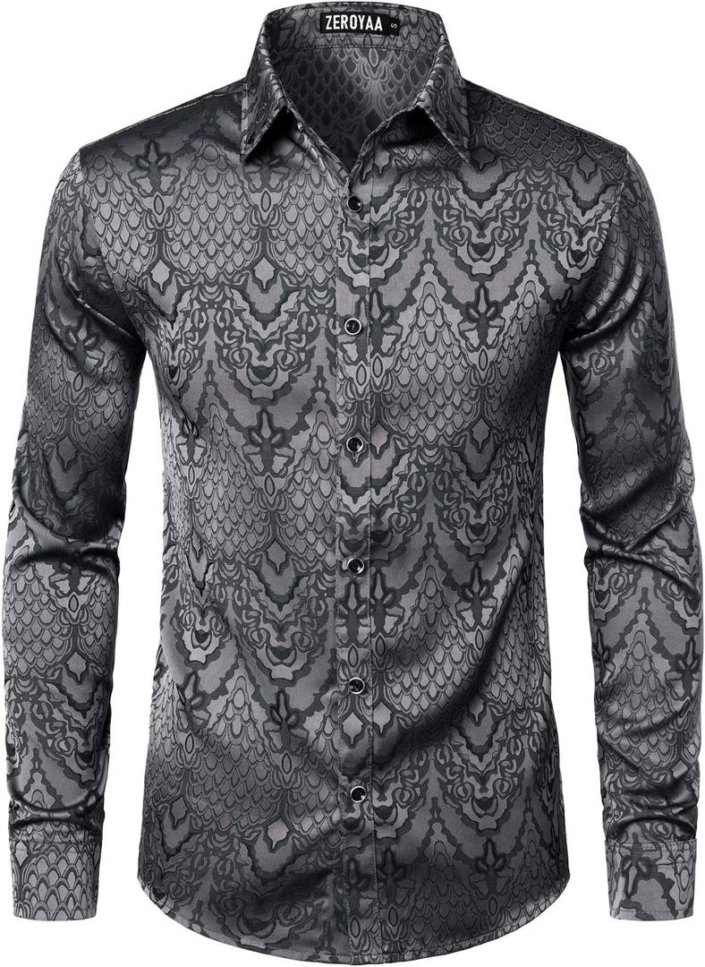 ZEROYAA Men's Hipster Slim Fit Long Sleeve Gothic Jacquard Button Up Dress Shirts for Party Prom (Large, Charcoal)