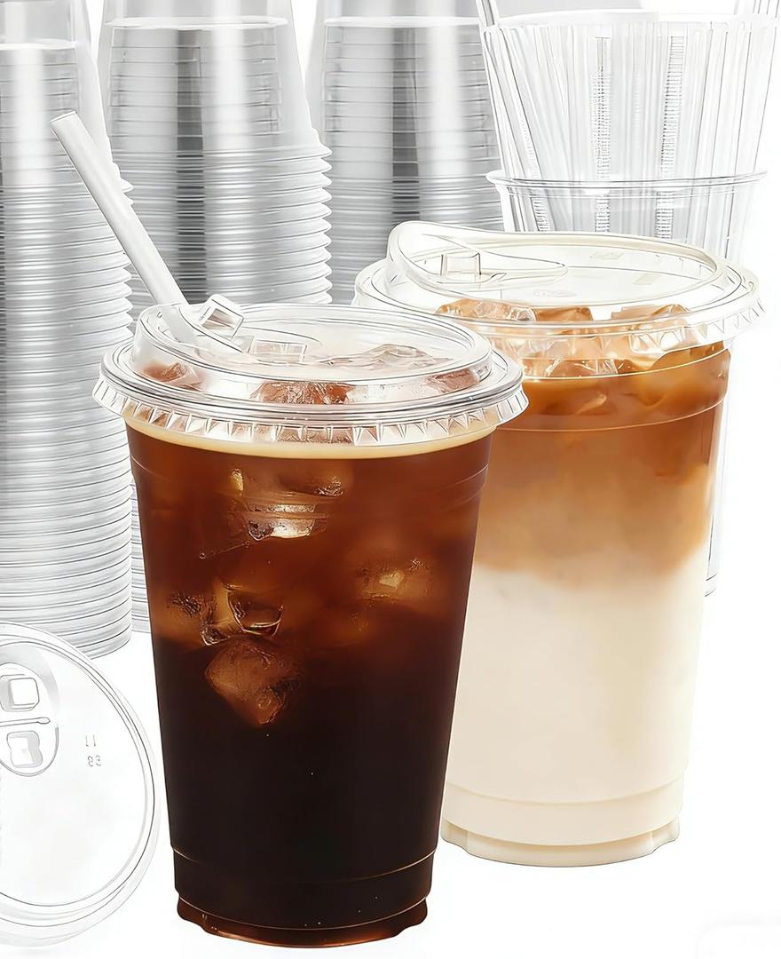 20 oz Disposable Plastic Cups with Lids and Straws, 100 Pack of Clear Iced Coffee Cups, Leak Proof, Break Resistant, for Cold Drinks, Home Daily Use