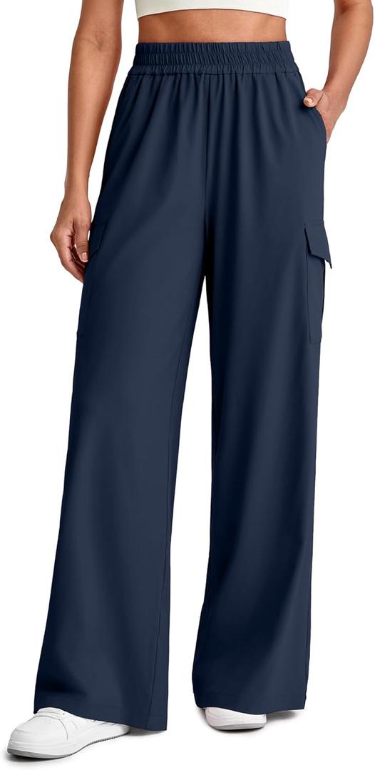 G4Free Chillwhisp Lightweight Wide Leg Cargo Pants Women Elastic Waist Flowy Palazzo Pants for Casual Travel (Small, Dark Navy)