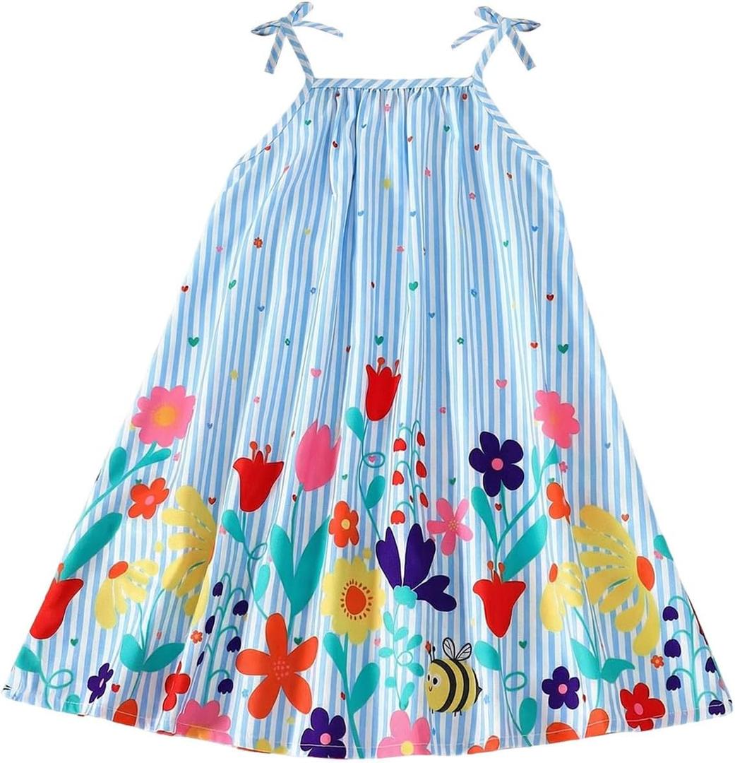 GORGLITTER Baby-Girls Summer Mini Dress Girl Cute Clothes Beach Floral Striped Bow Sundress Birthday Gift, One Size